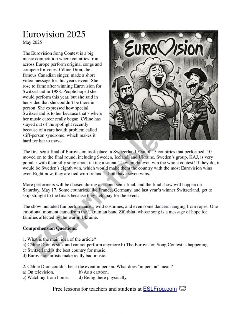 Eurovision 2025 worksheet