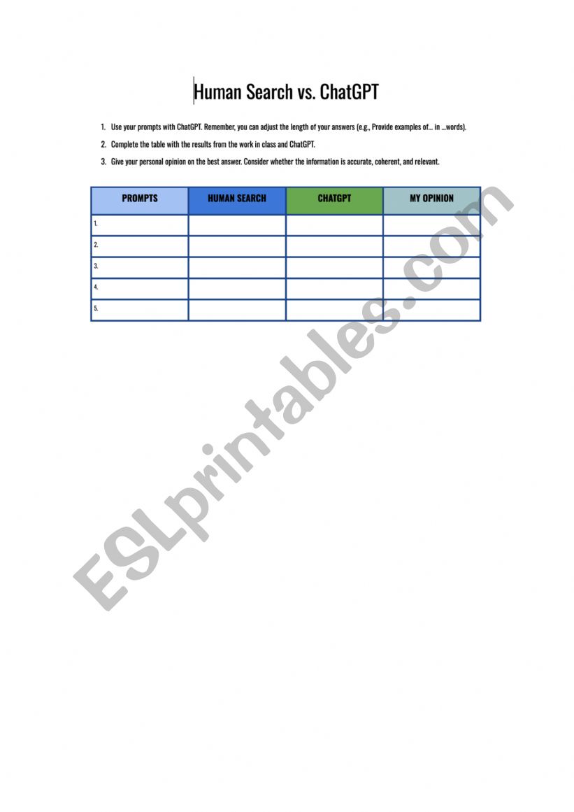 Human Search vs. ChatGPT worksheet