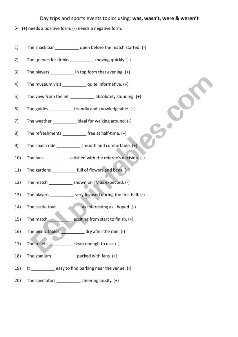 Day trips and sports events topics using was, wasnt, were & werent