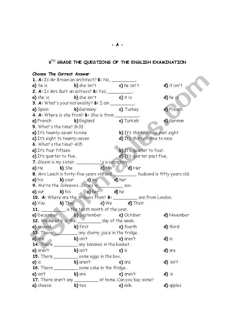 exam worksheet