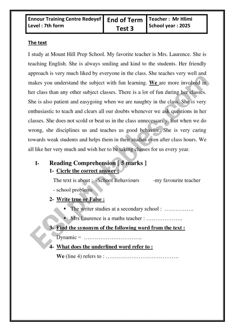 End of Term Test 3  for 7th form 