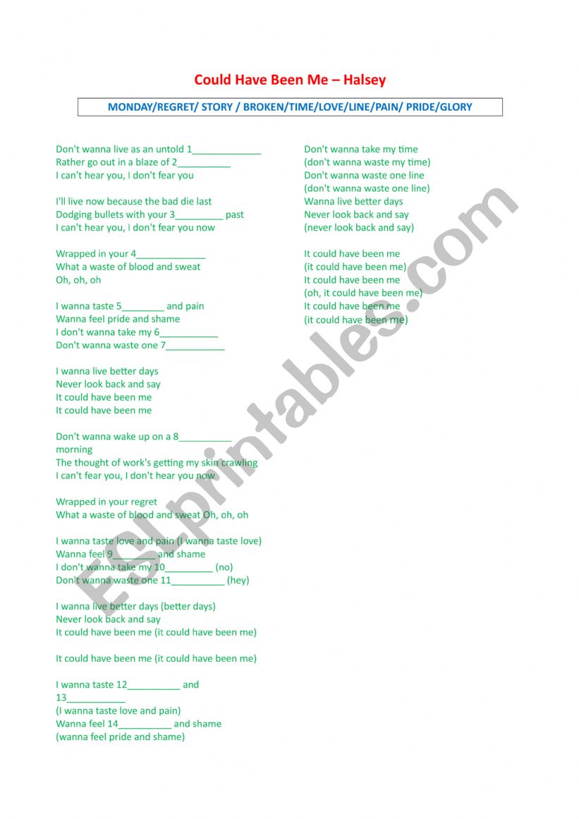 Could Have Been Me - Song worksheet