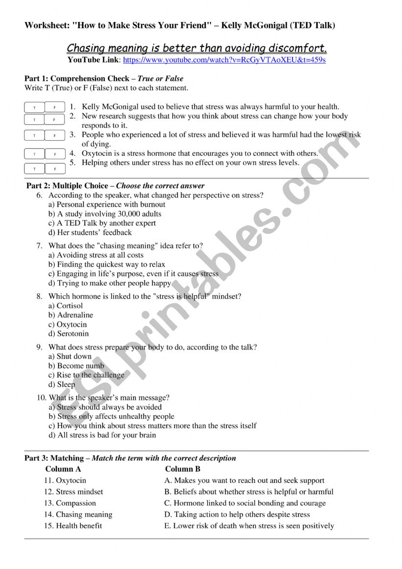 How to Make Stress Your Friend - TED talk worksheet