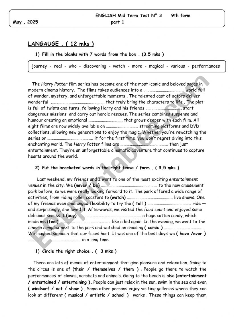 mid term test 3 9th form part 1 