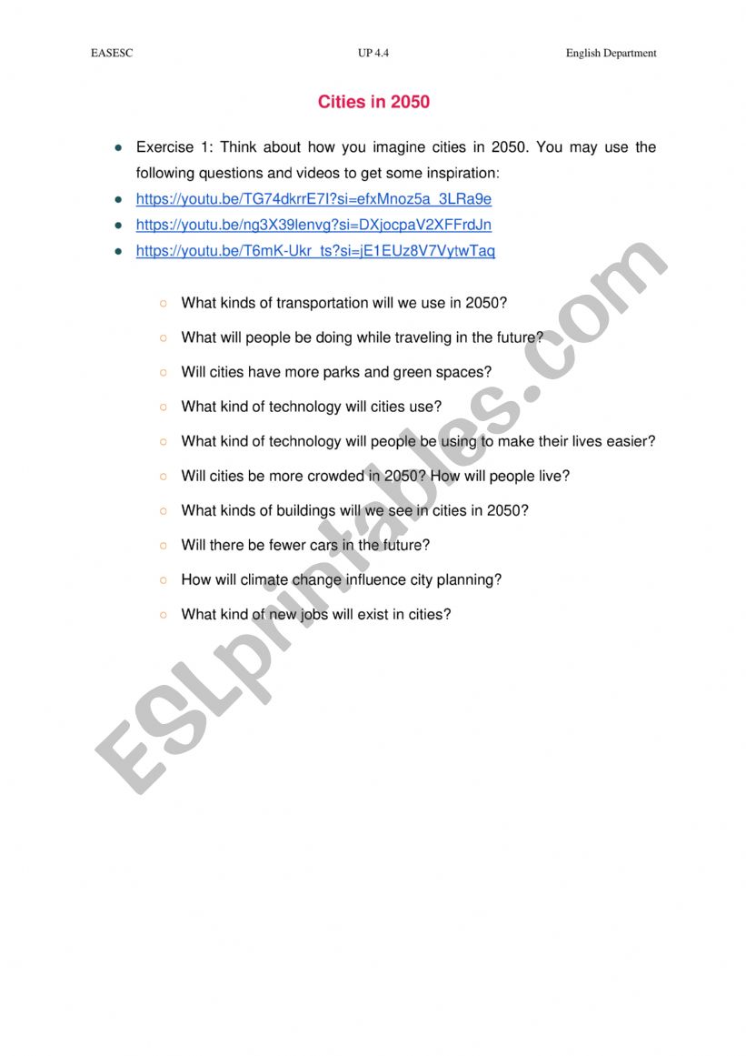 Cities in the future worksheet
