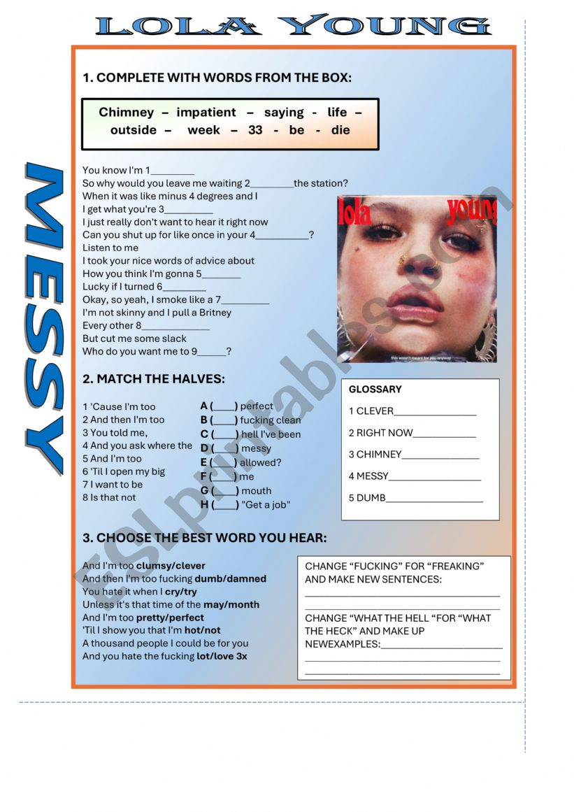 Messy song by Lola Young worksheet