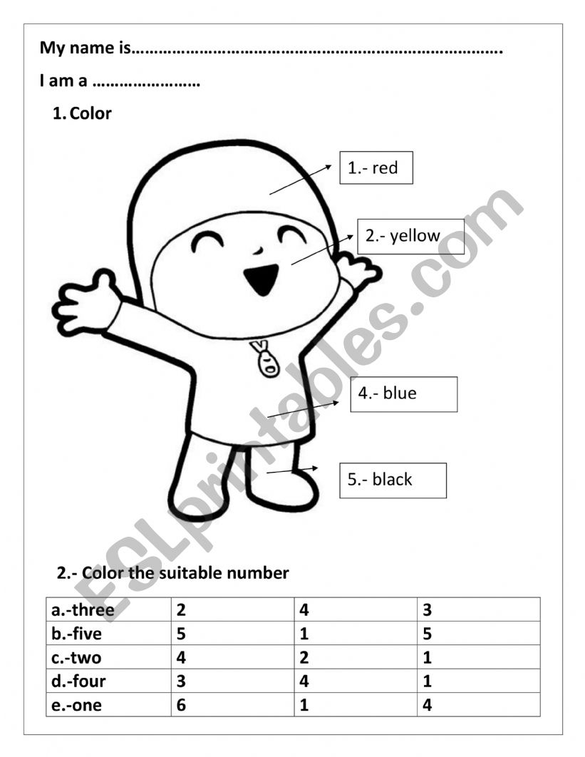 colos  and numbers worksheet