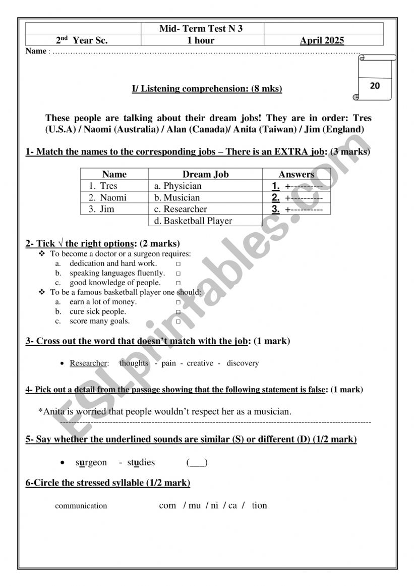 2nd year Mid term 3 worksheet
