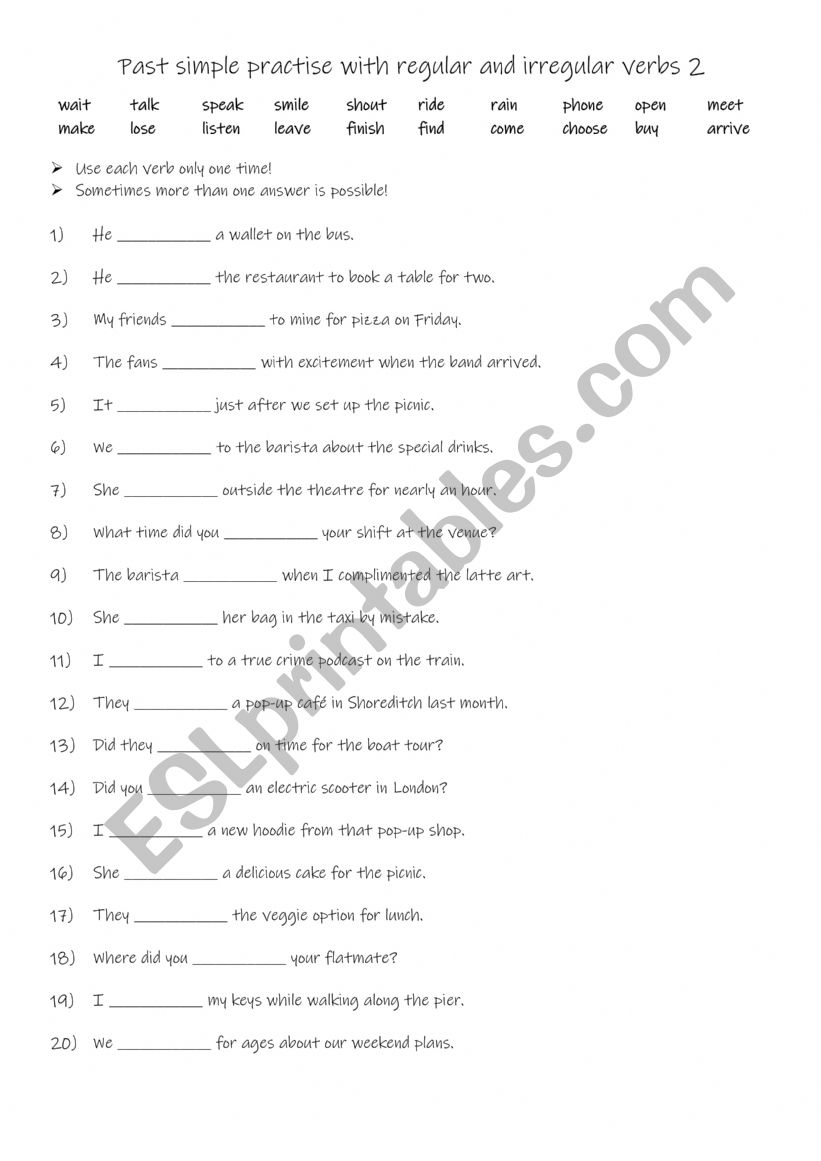Past simple practise with regular and irregular verbs 2