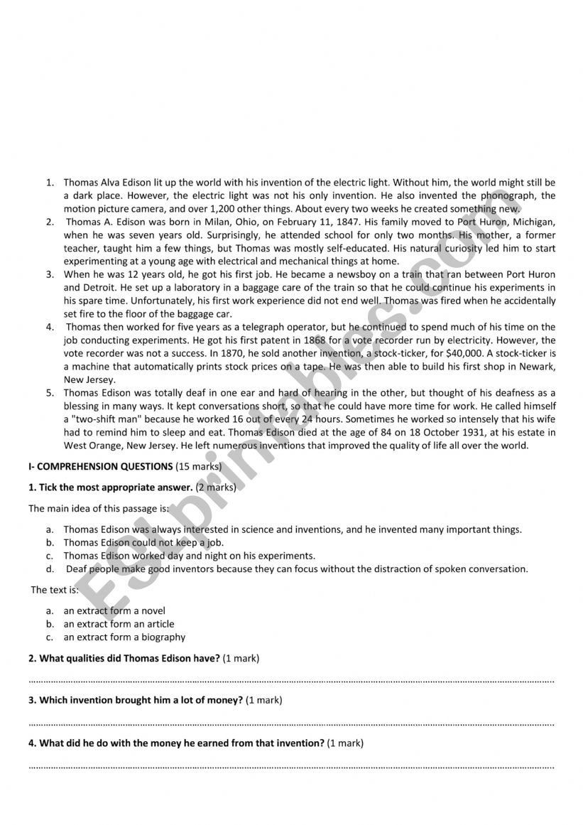 B1 Test worksheet