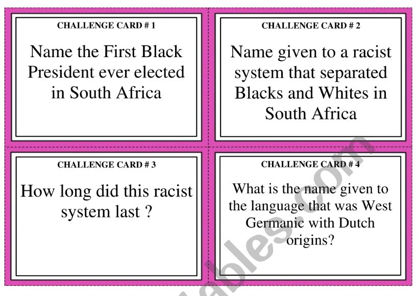 THE HISTORY OF APARTHEID CHALLENGE CARDS
