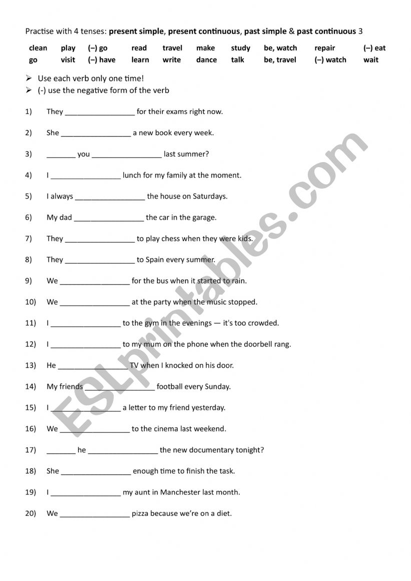 Practise with 4 tenses present simple, present continuous, past simple & past continuous 3