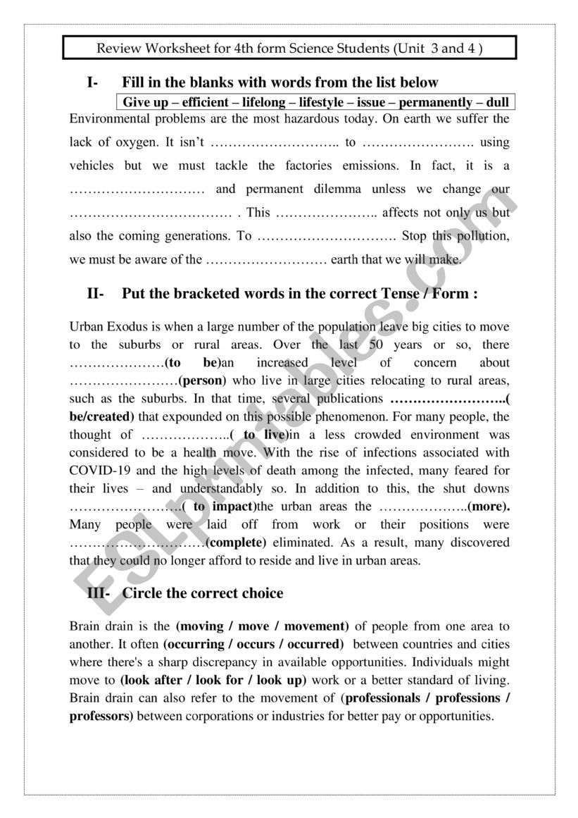Review Worksheet for 4th form Students 
