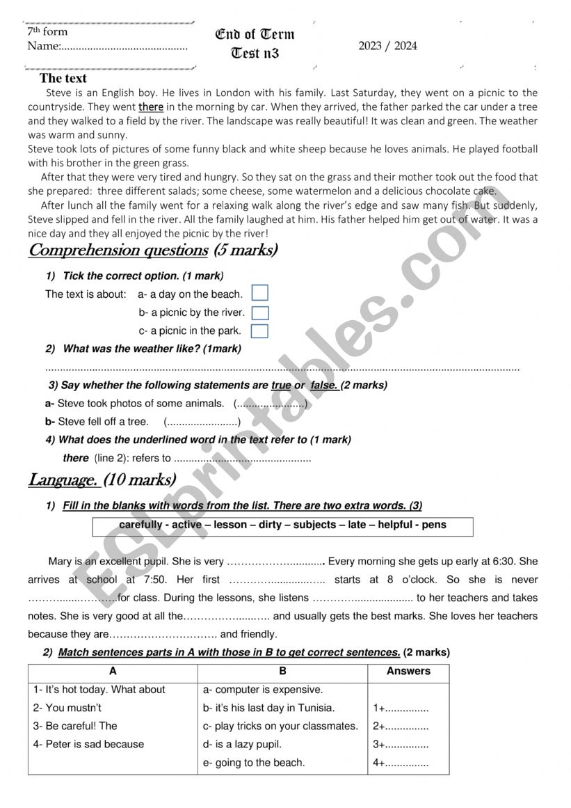 7th form end of term test n3 worksheet