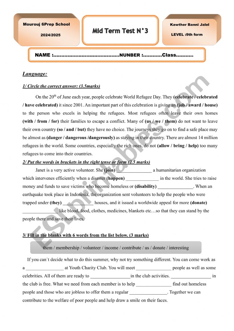 Mid Term Test N3 for 9th form worksheet
