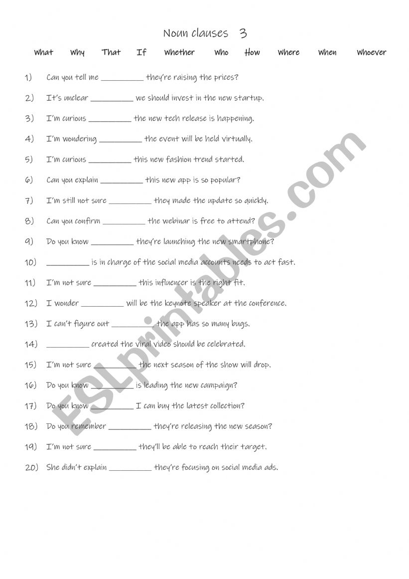 A1-A2 Noun clauses  3 worksheet