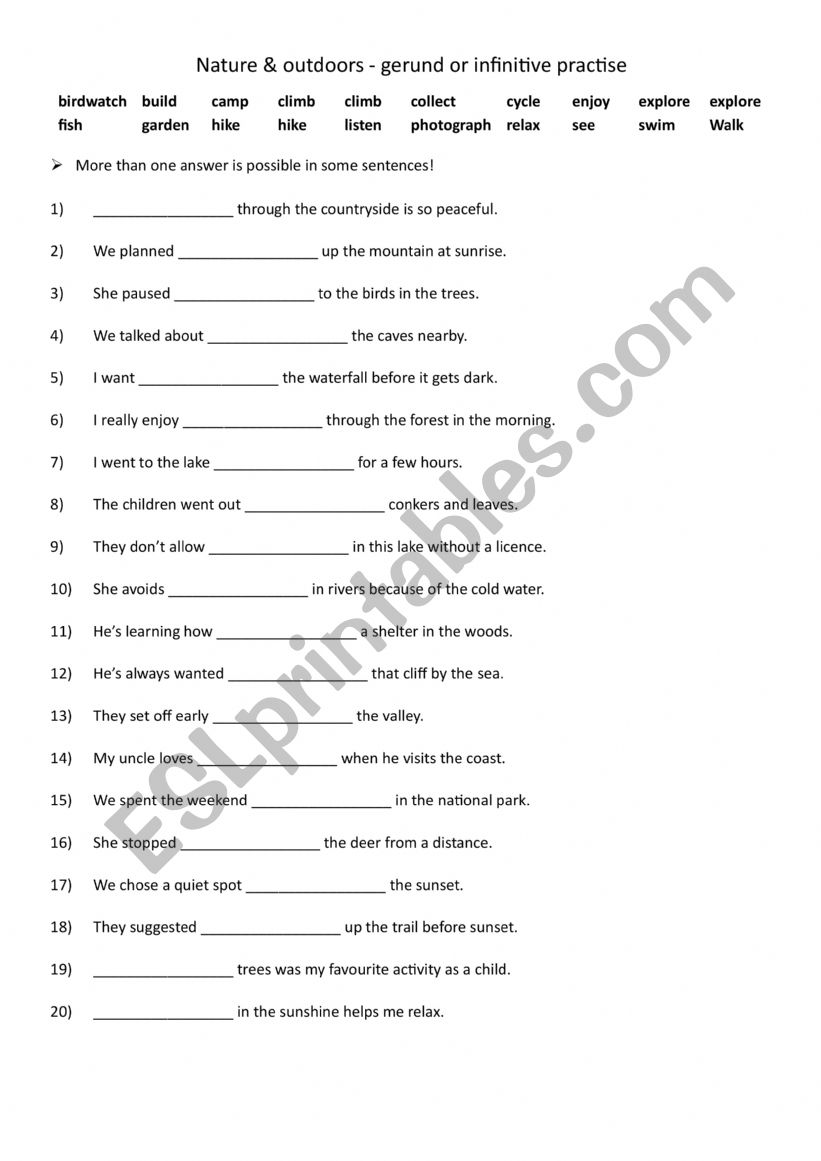 Nature & outdoors - gerund or infinitive practise