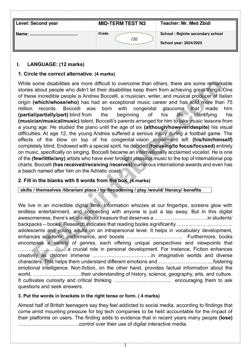 mid term test worksheet