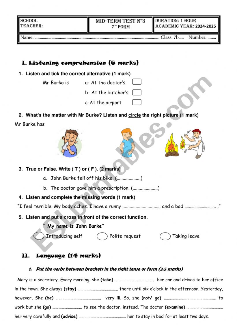 Mid-term test 3 - 7th form (Tunisian Curriculum)