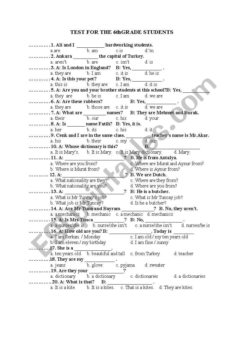 Test for the sixth grade students