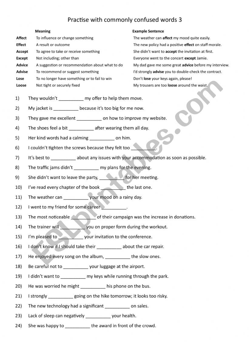 A1+-A2 Commonly confused words: affect effect accept except advice advise lose loose 3 A1+-A2 Commonly confused words: affect effect accept except advice advise lose loose 3