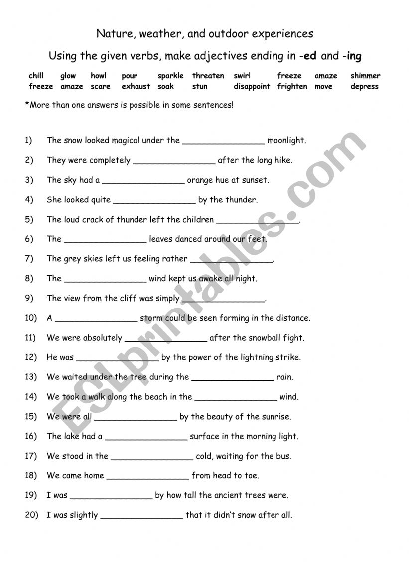 Weather, and outdoor experiences using the given verbs, make adjectives ending in -ed and -ing