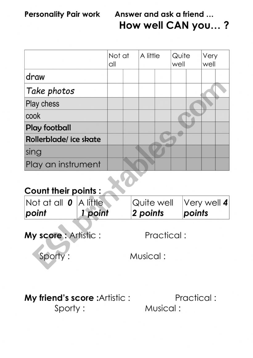 personality test and pair work