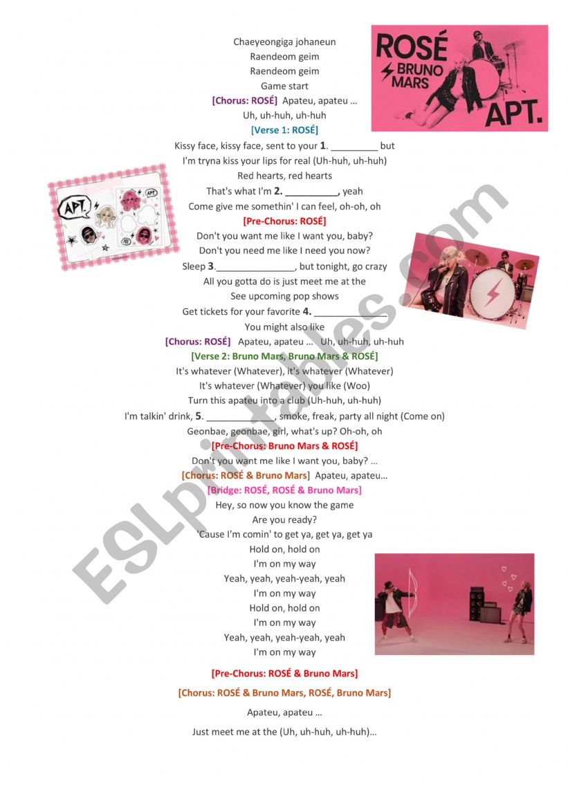 APT SONG  LYRICS  worksheet