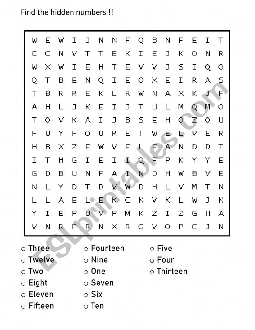 Word Search Numbers 1 to 15 worksheet