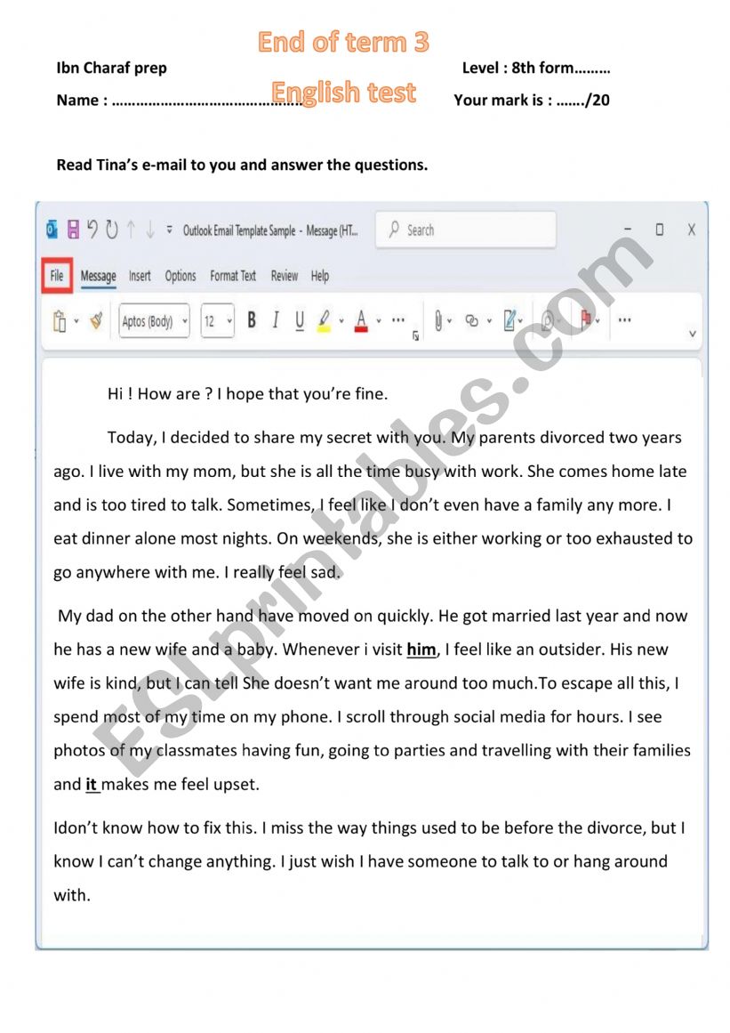 end term 3 test for 8th forms worksheet