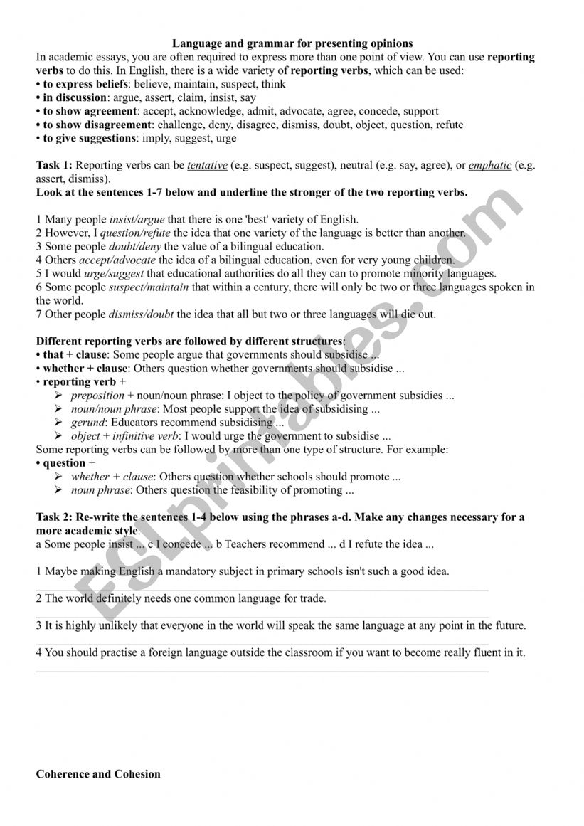Language and grammar for presenting opinions (writing opinion essays)