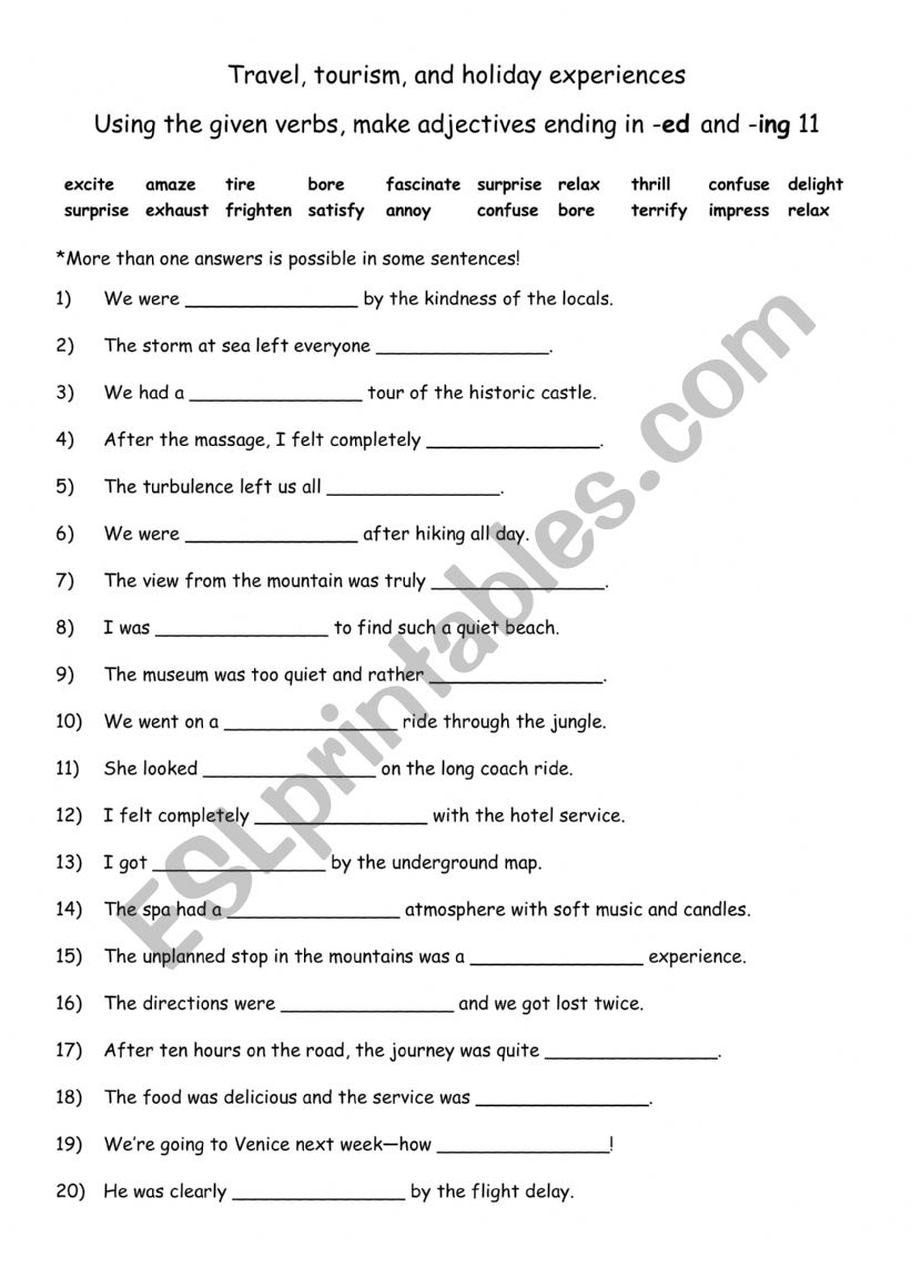 Travel, tourism, and holiday experiences. Using the given verbs, make adjectives ending in -ed and -ing