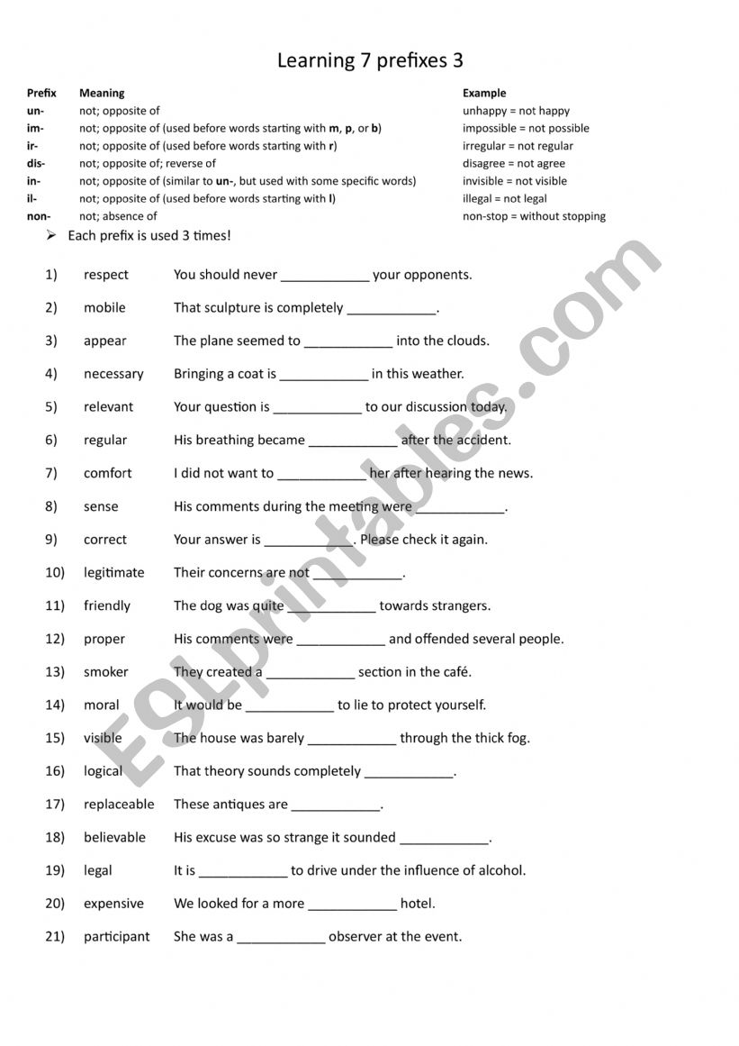 A2+-B1+ Learning 7 prefixes 3 worksheet