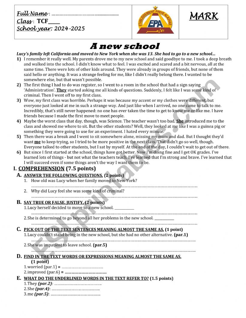 TCF FINAL TEST FOR PRIVATE SCHOOL STUDENTS