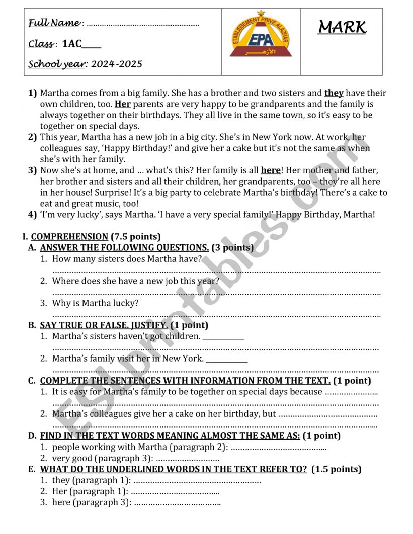 FINAL EXAM FOR 1AC PRIVATE SCHOOL STUDENTS