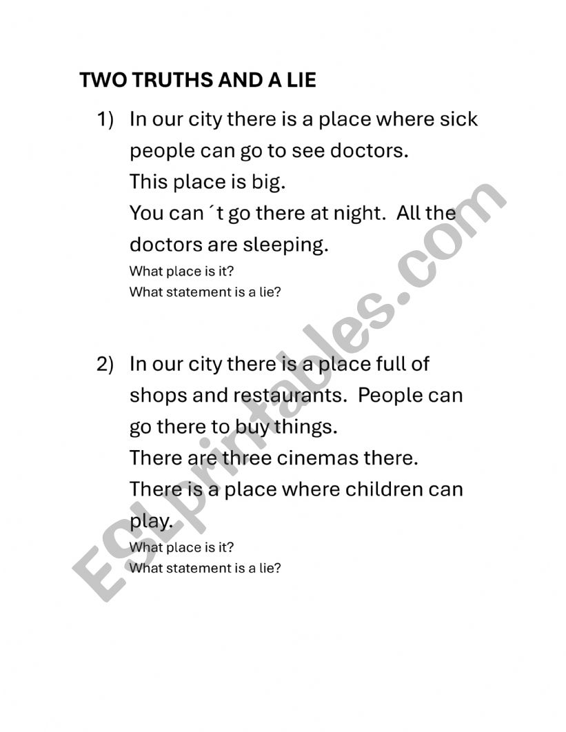 Two Truths and a Lie worksheet