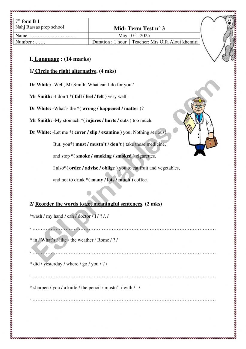 test for 7th formers worksheet