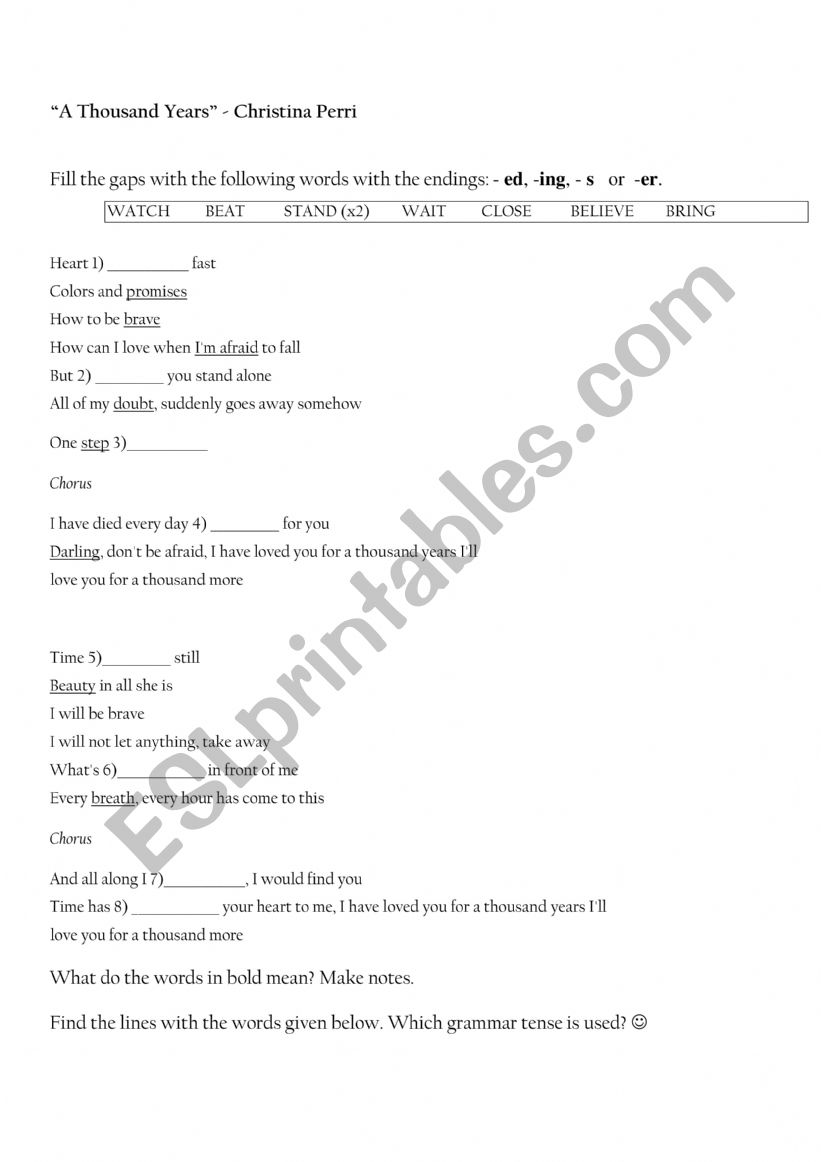 A Thousand Years  Christina Perri Song Present Pefect worksheet