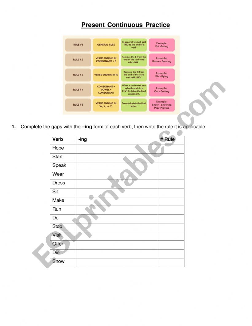 Present Continuous Worksheet worksheet