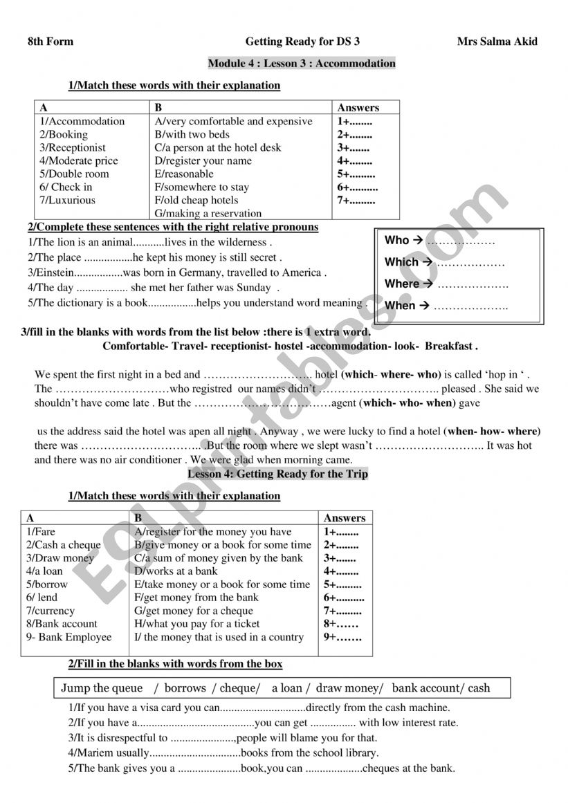 8th form review for Term 3  worksheet