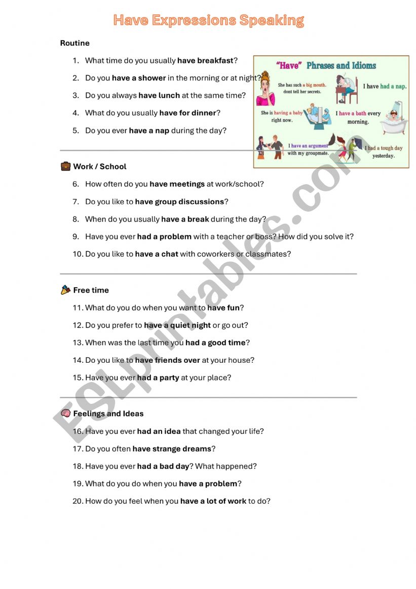 Have Expressions Speaking worksheet