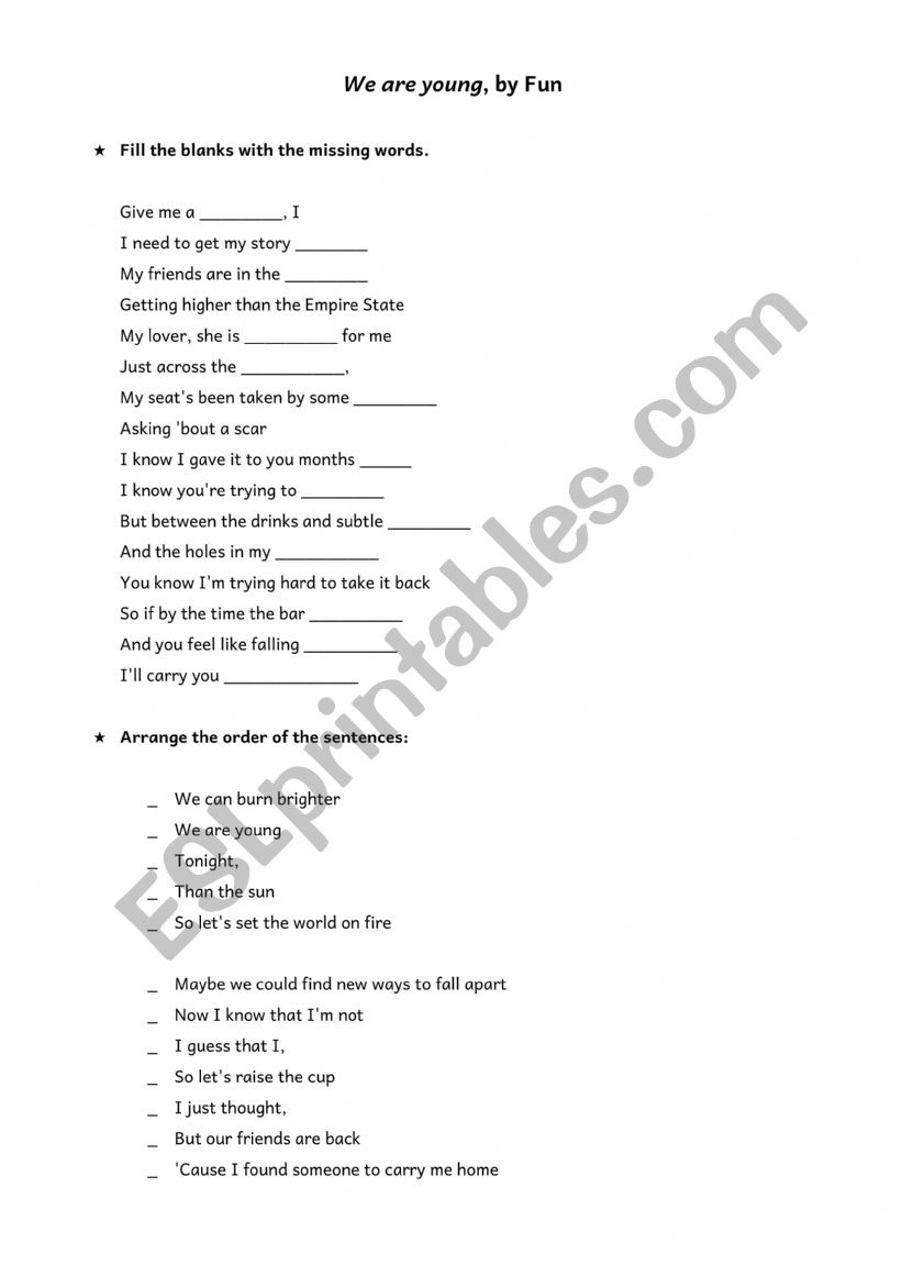 SONG: We are young, by Fun worksheet