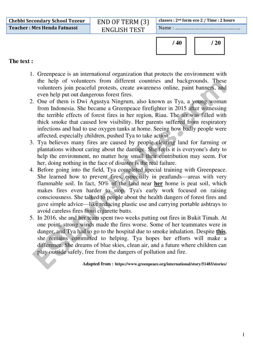 End of term 3 test 2nd form worksheet