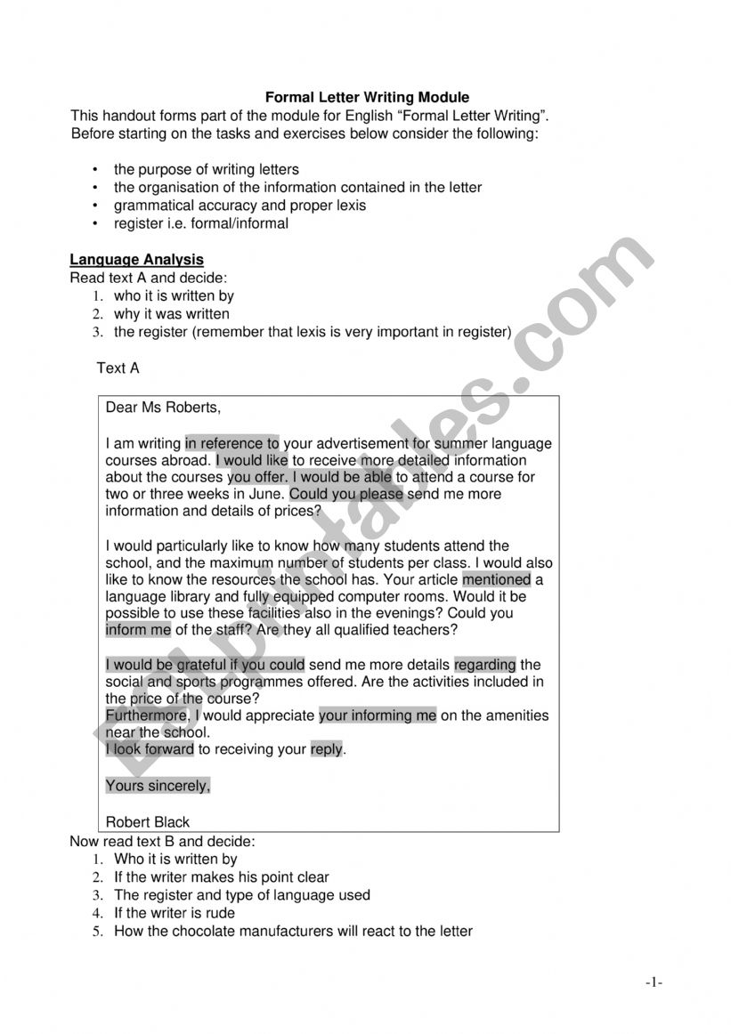 Formal Letter Module worksheet