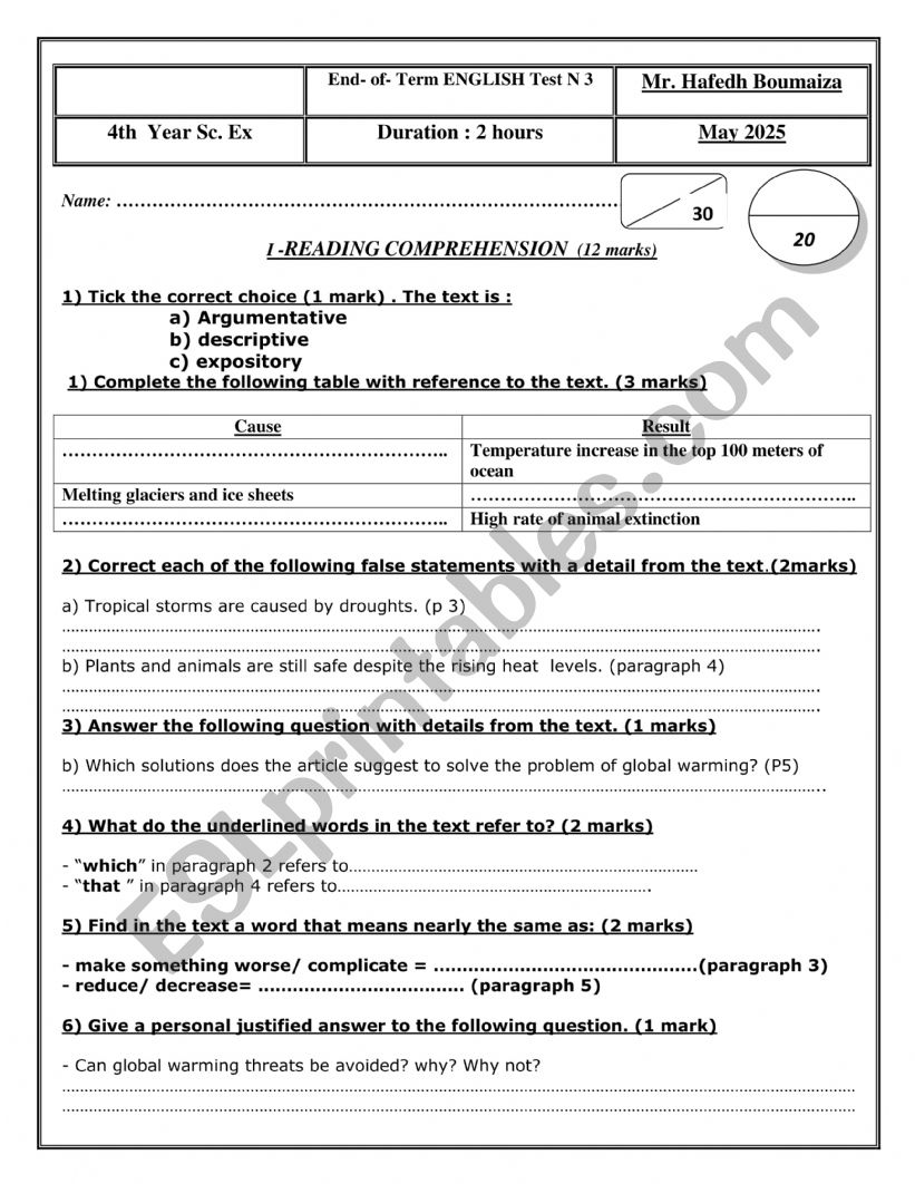 Bac blanc 2025 4th year Sc worksheet