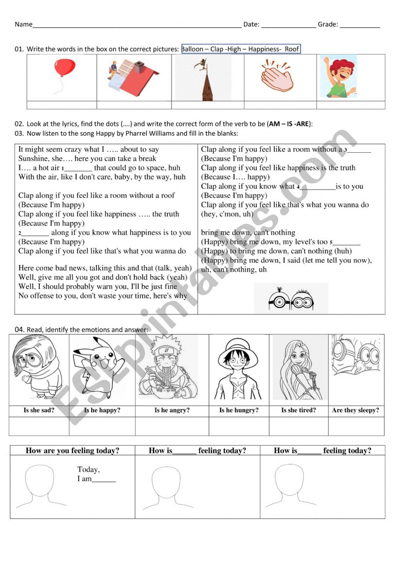 Happy - Pharrell Williams worksheet