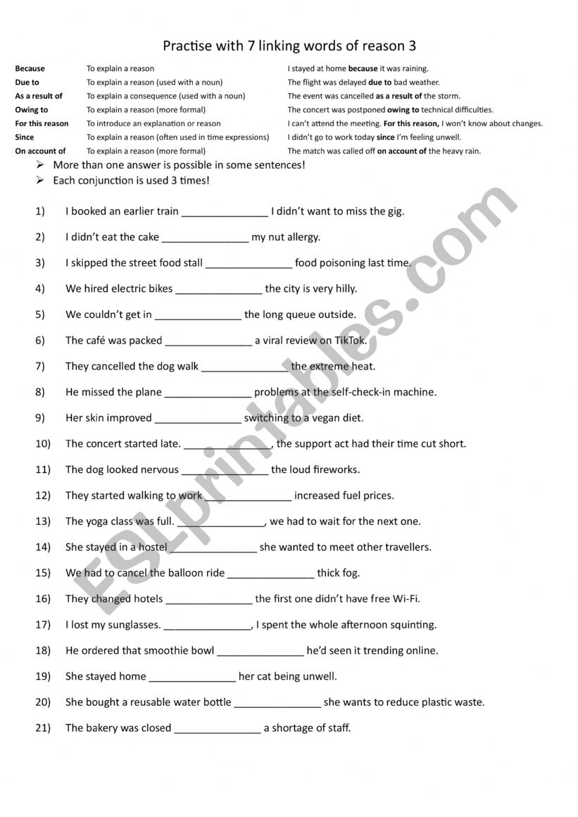 A2-B1 Practise with 7 linking words of reason 3