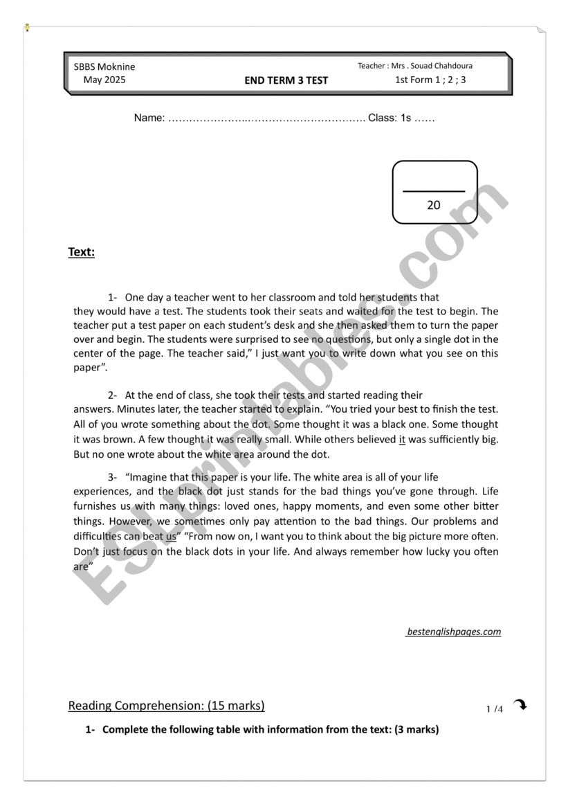 End of Term 3 Test 1st Form Tunisian Education