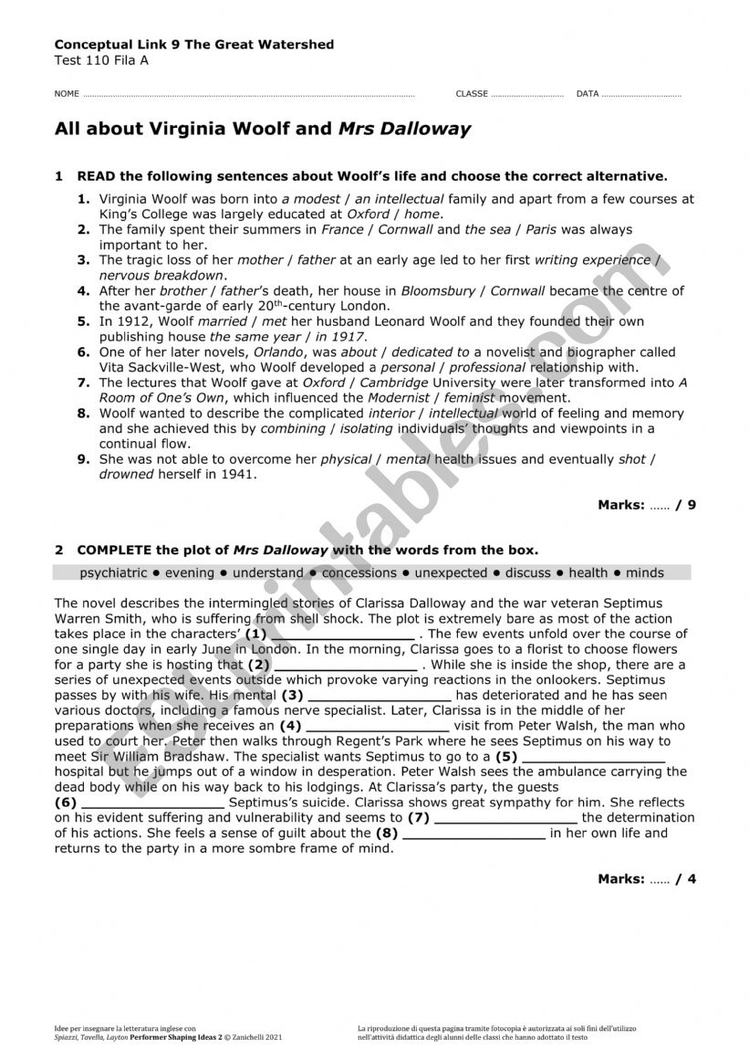 V.Woolf Mrs Dalloway worksheet