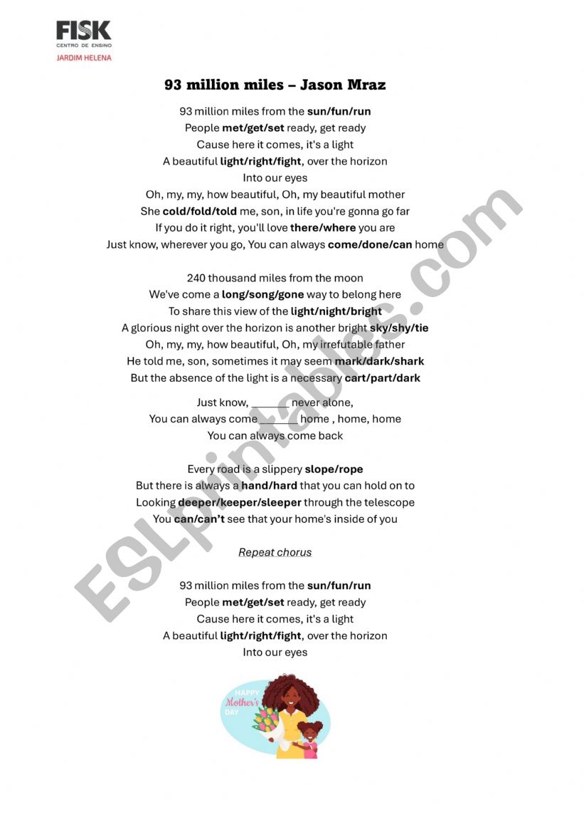 93 millions miles Song worksheet